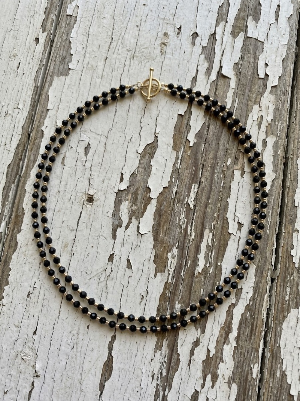 Black Faceted Spinel Beaded Necklace with Gold Filled Toggle Clasp